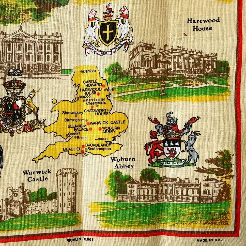 Treasure Houses of England Souvenir Map Linen Tea Towel Wall Hanging by Richlin